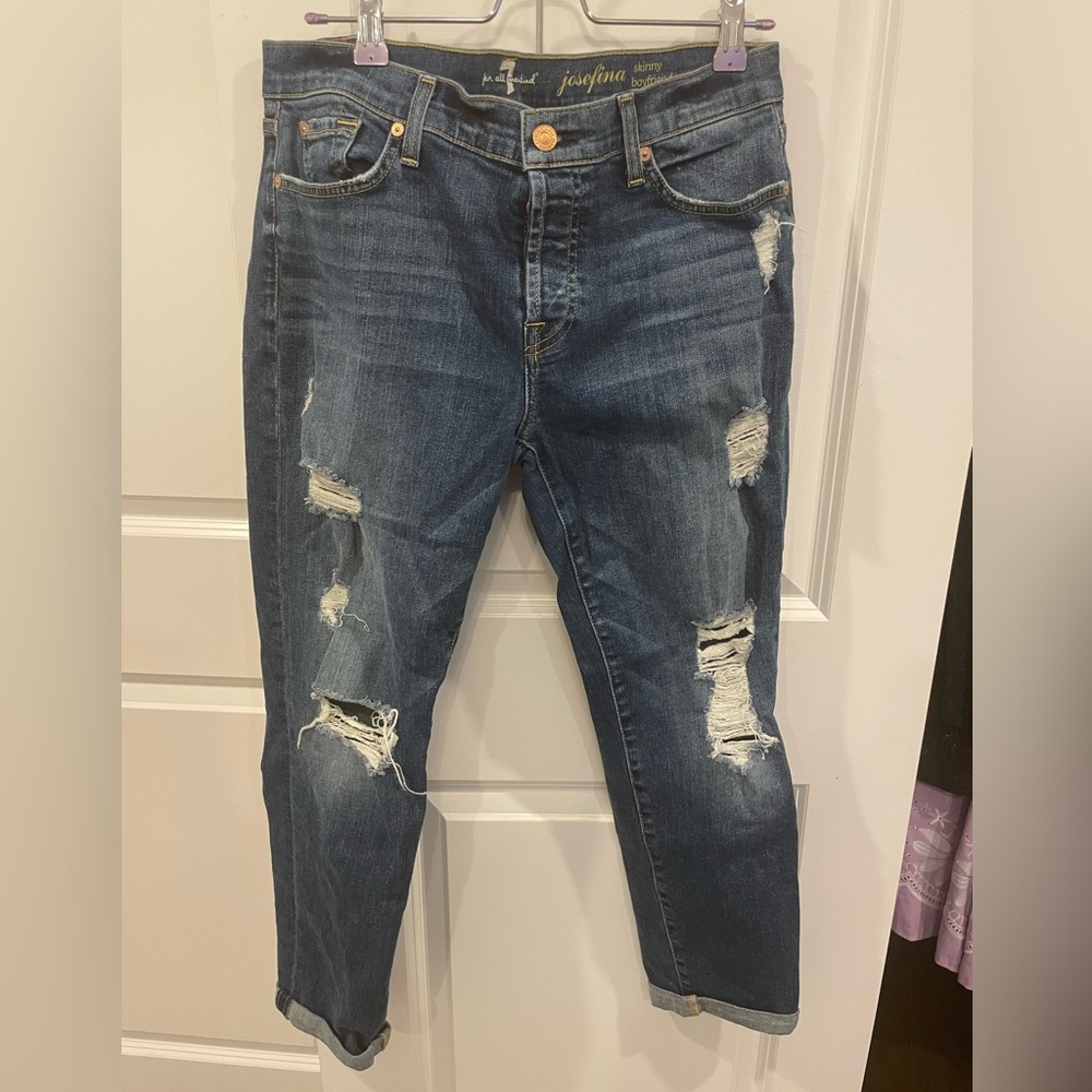 7 For All Mankind “Josefina” Skinny Boyfriend Jeans, Distressed Medium Wash